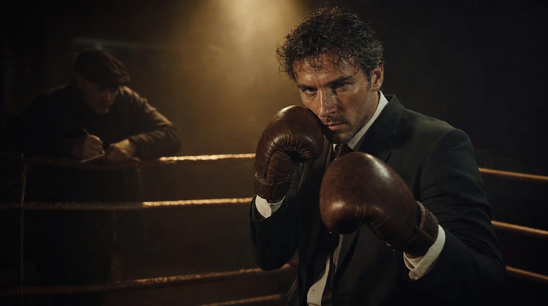 Sur le ring, de nuit : un commercial en costume, gants aux poings et garde levée, sous l'œil du coach dans l'ombre des cordes